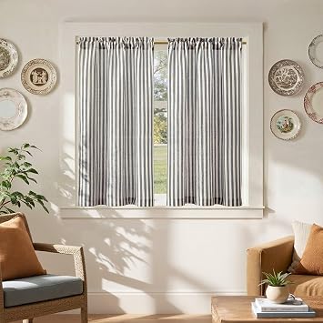 jinchan Striped Linen Kitchen Curtains 45 Inches Tier Curtains Farmhouse Modern Cafe Style Small Window Treatments Airy Light Filtering Rod Pocket for Living Room Bathroom 2 Panels Charcoal Grey