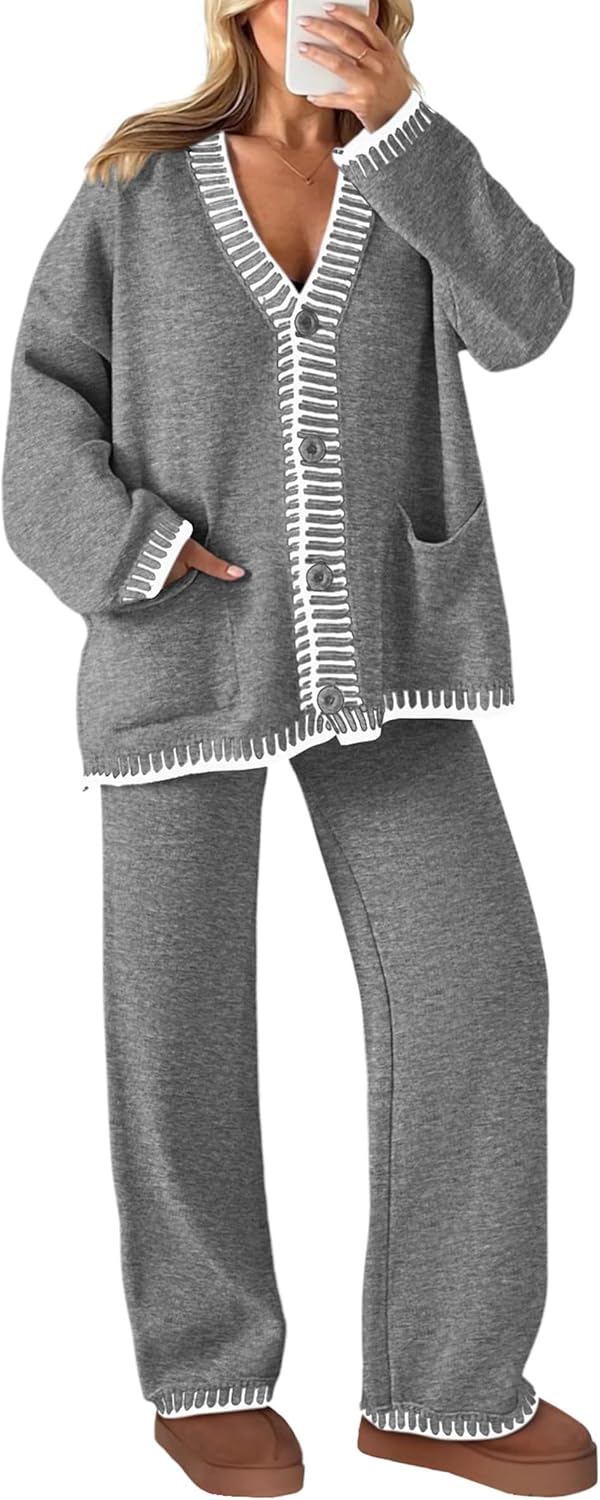 PRETTYGARDEN Lounge Sets for Women Fall 2026 Loungewear 2 Piece Outfits Cardigan Sweaters Track Suit Matching Winter Clothing