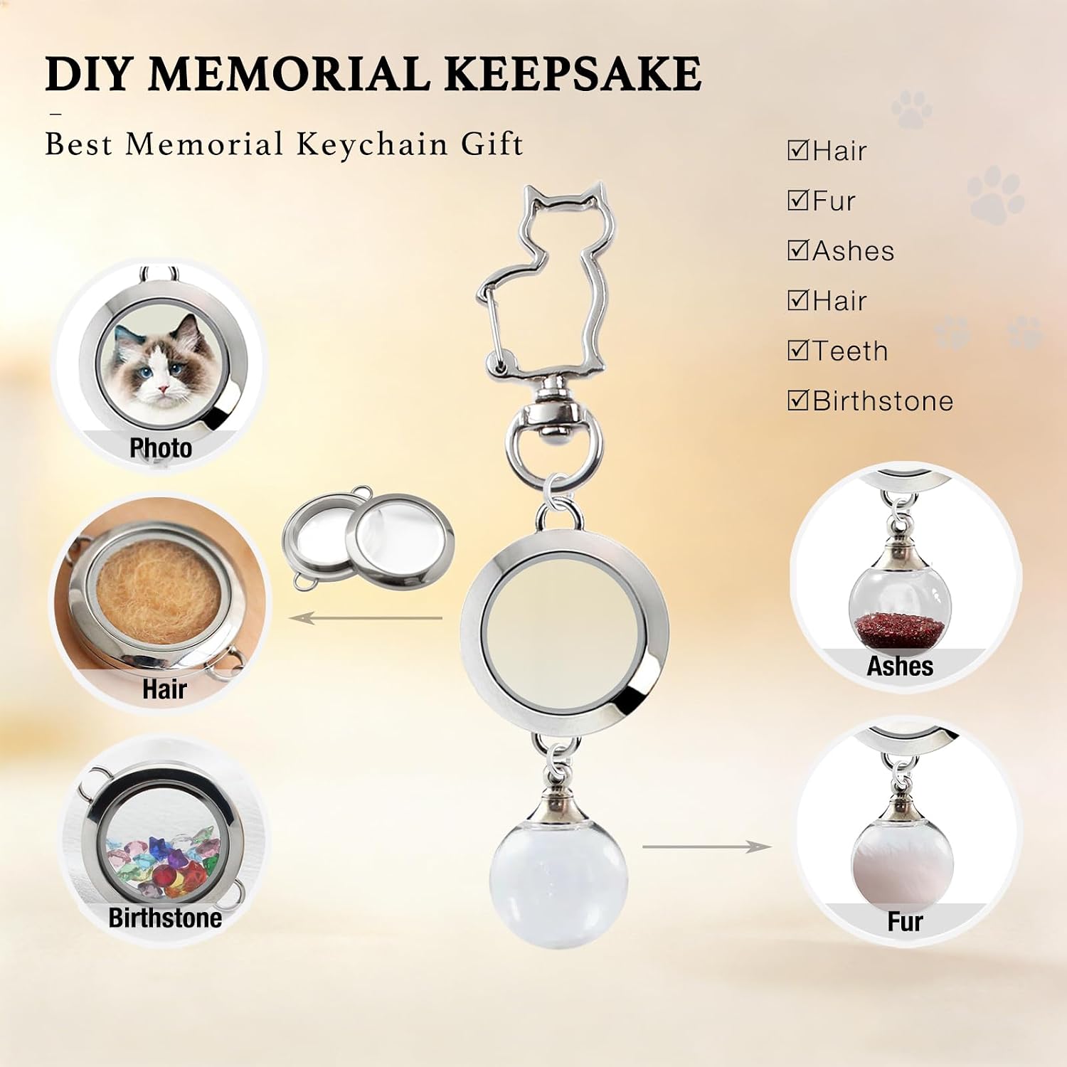 Cat Fur Keepsake Keychain with Ashes Locket, Pet Memorial Gifts for Cats | Holds Fur, Whiskers, Ashes or Photo in One Locket; Pet Loss Sympathy Gift to Honor a Beloved Cat