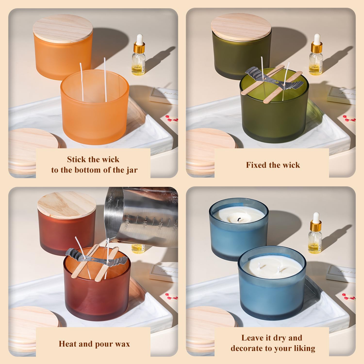 LAMORGIFT 6 Pack 16 oz Amber Glass Candle Jars, Large Candles Jars for Making Candles, Frosted Candle Containers Vessels Bulk with Lids and Labels for DIY/Home Decor/Holiday Gift Crafting