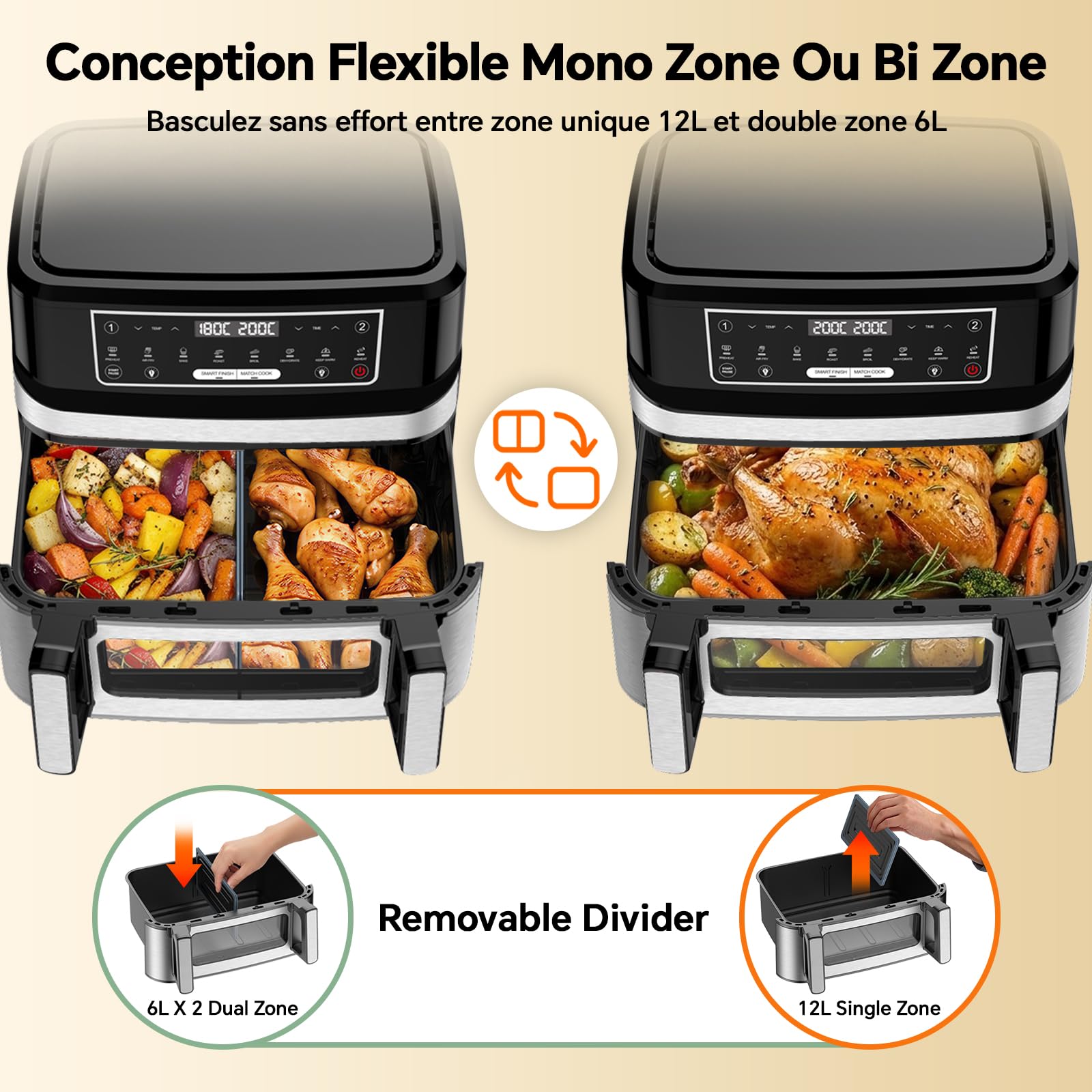 Air Fryer 12L | Friteuse à Air Chaud XXL Mode Flexible 1 ou 2 Zones, 2600W Double Chauffage Contrôle Indépendant Fenêtre et Éclairage, Friteuse sans Huile 2 Compartiments 8-en-1 Écran Tactile Recettes