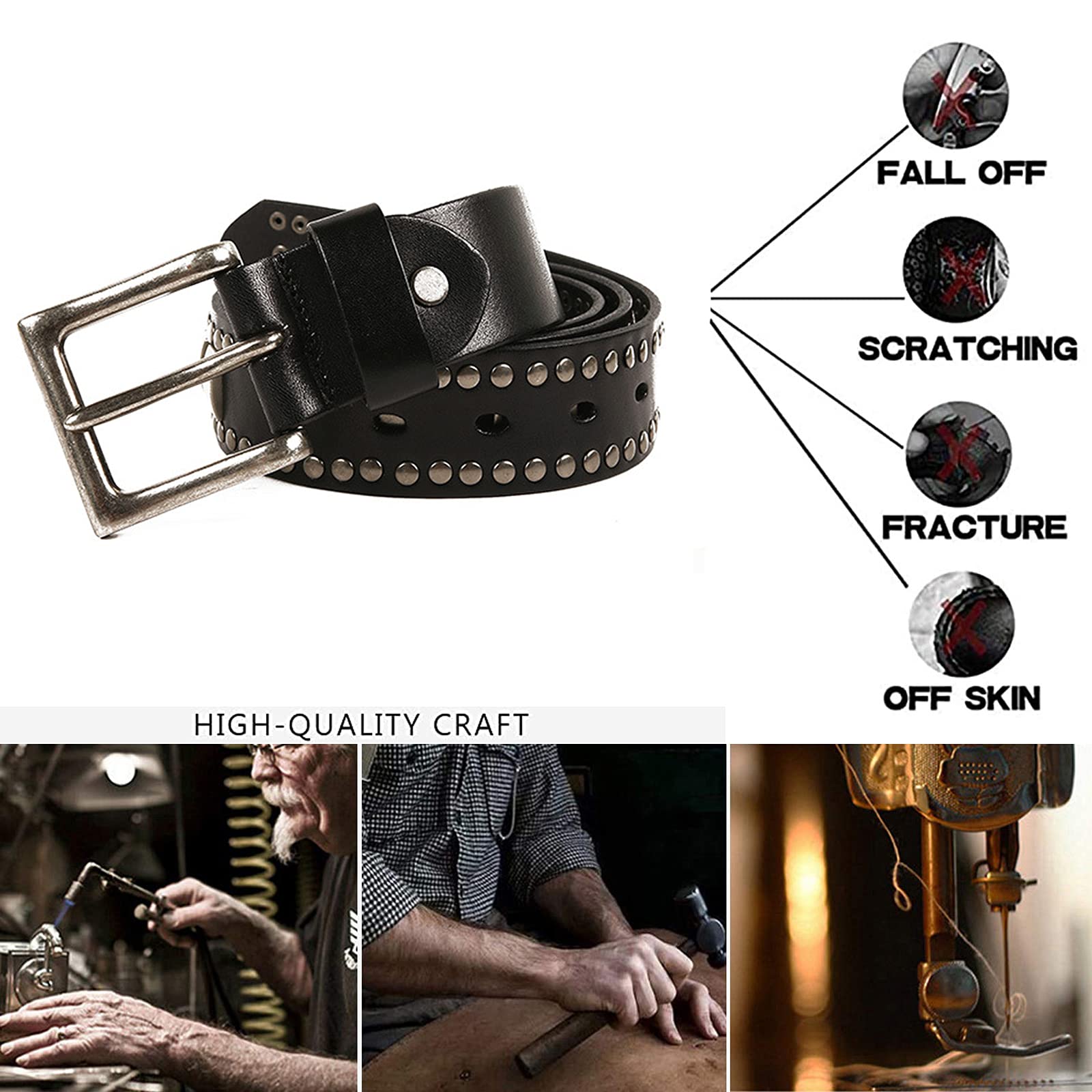 Herren Damen Nietengürtel Im Punk Hip Hop Style Leder Gürtel Mit Nieten Und Legierung Dornschließe Ledergürtel 105Cm - 125Cm Kürzbar,Schwarz,105cm/waist:34"~36"