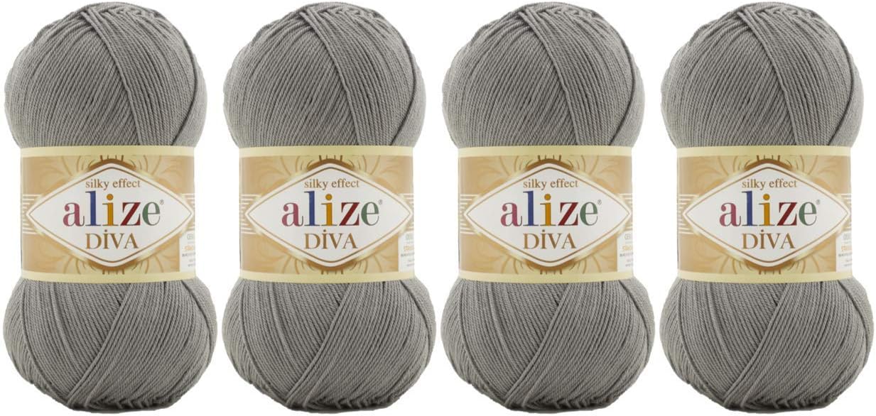 100% Microfiber Acrylic Alize Diva Silk Effect Knitting Sport Crochet Yarn Lot of 4 Ball skeins 400gr 1532yds Color (87 Coal Grey)