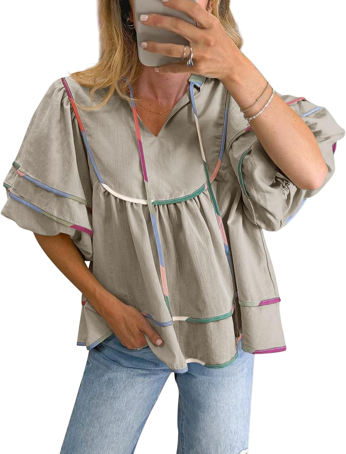 Cicy Bell Womens Summer Babydoll Tops V Neck Short Lantern Sleeve Shirts Cute Loose Fit Peplum Flowy Blouses