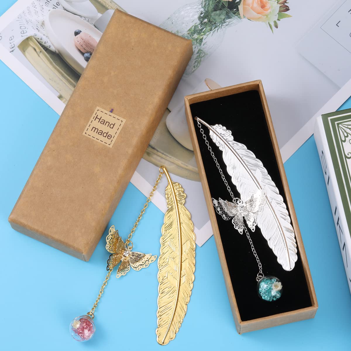 Marque-pages En Métal Avec Plumes Et Papillon 3D - Lot De 2 (or Et Argent) - Pour Lecteurs, Cadeau Créatif - 11,5 Cm