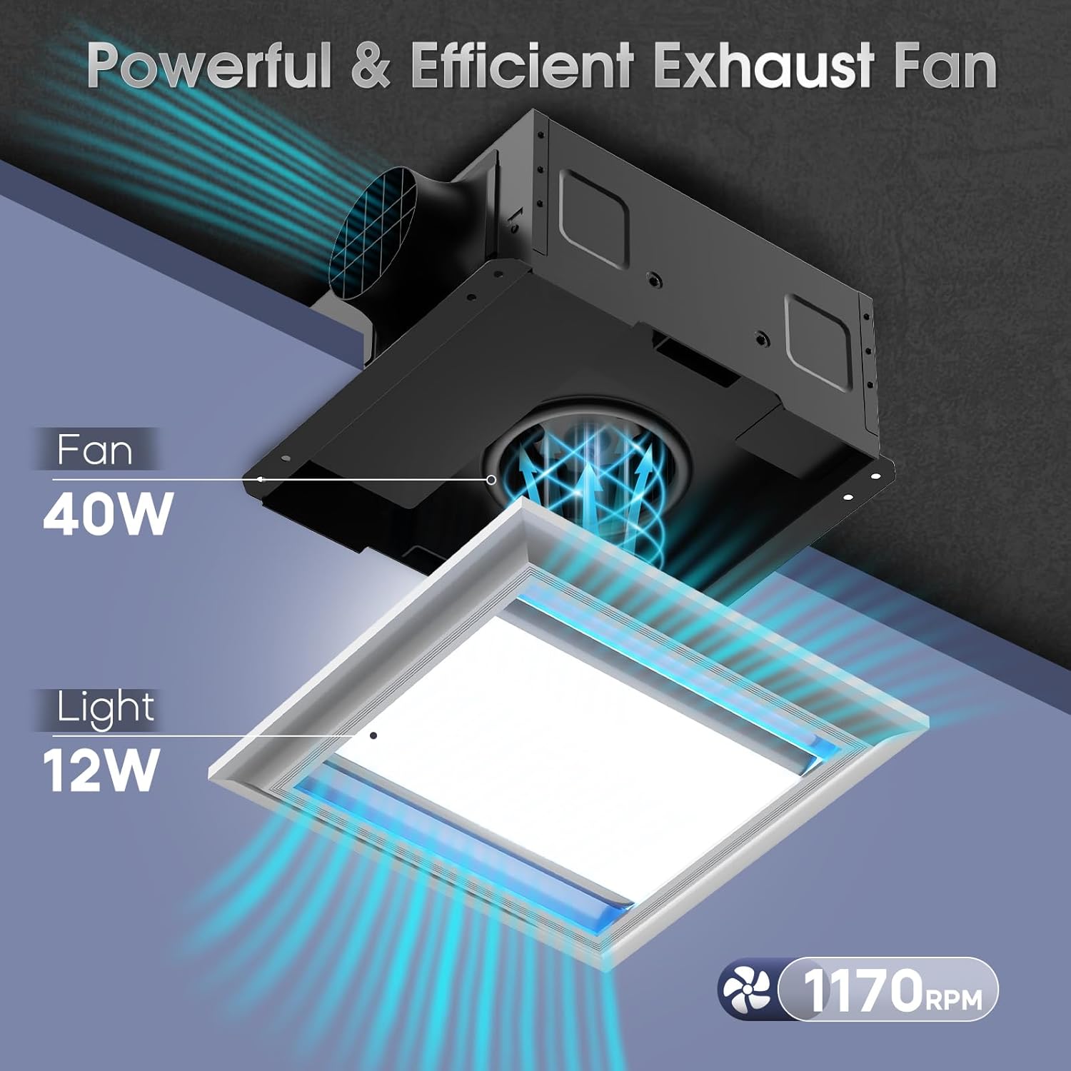 12" Ultra Quiet Bathroom Exhaust Fan with Light, 1.0 Sone 160 CFM, Aluminum Bathroom Vent Fan, 10x10 Mount, 1500LM Ceiling Ventilation Fan with Blue Nightlight (Gray)