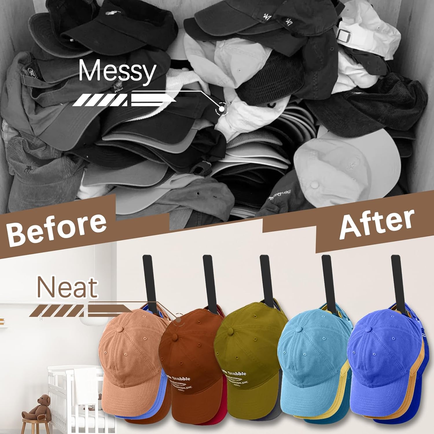 Kssvzz 5 Pack Metal Hat Racks for Baseball Caps - Wall Holder, Storage Organizer for Ball Caps, Heavy Duty Hangers With Strong Adhesive/Wall Drilled for Closet, Bedroom, Door, Home (Black)