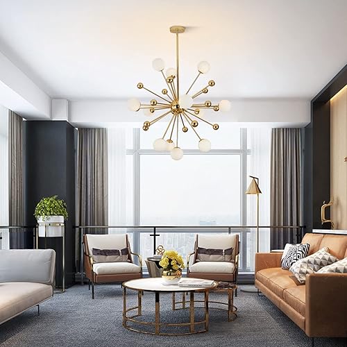 Miniatura 20 de KCO Lighting - Lámpara de araña moderna Sputnik con globo dorado, 18 luces, bola de vidrio de leche, iluminación colgante redonda, lámpara