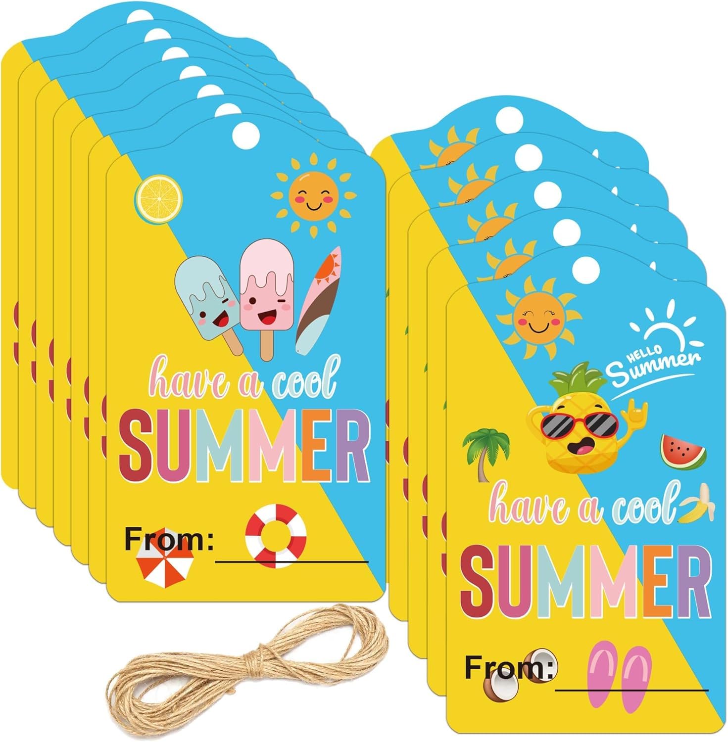 Summer Gift Tags with String -50Pcs 2 x 3.5 Inch I Hope You Have A Cool Summer Tags Fun Name Label End of School Year Teacher Appreciation Label for Party Decor (Yellow)