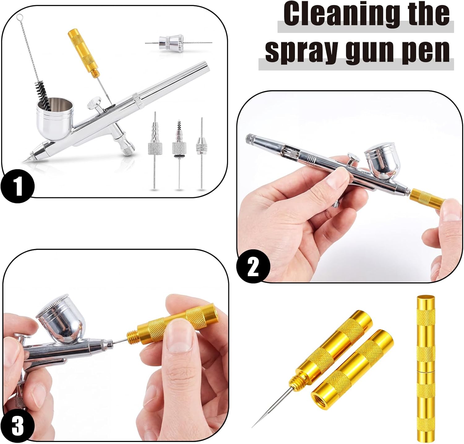 Sieral 8 Pcs Airbrush Spray Gun Cleaning Kit Double Sided Brush, Large General Brushes, Double Side Dental Pick, Glass Jar with Holder, 5 Needle, 5 Brushes, Wash Needle, 500ml Plastic Bottle