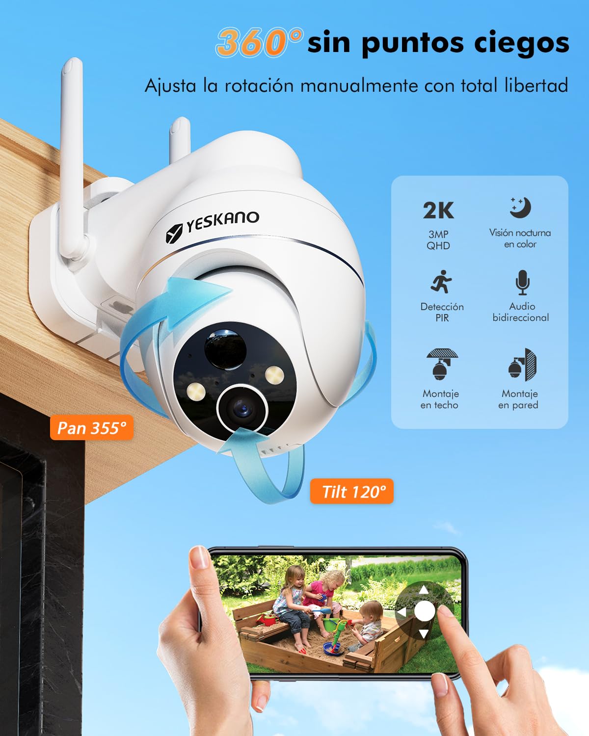 YESKANO Camara Vigilancia WiFi Exterior Solar 2K sin Cables, Panel Solar con Batería, 360° PTZ, Visión Nocturna Color, Detección PIR, Audio Bidireccional, IP66, sin Suscripción (Blanco)