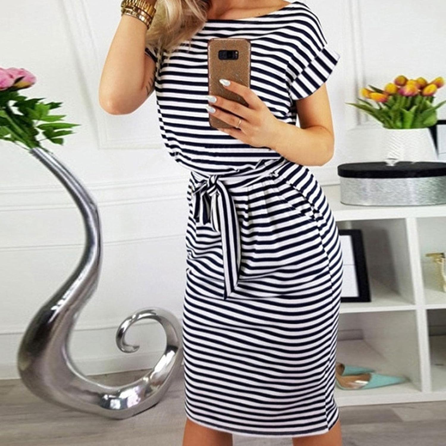 Striped Print Dress Short Sleeved One Piece Dress Skirt Striped Short Dress For Casual Dating Party Wedding Work Vacation Home Leihou Amazon Ca Clothing Shoes Accessories