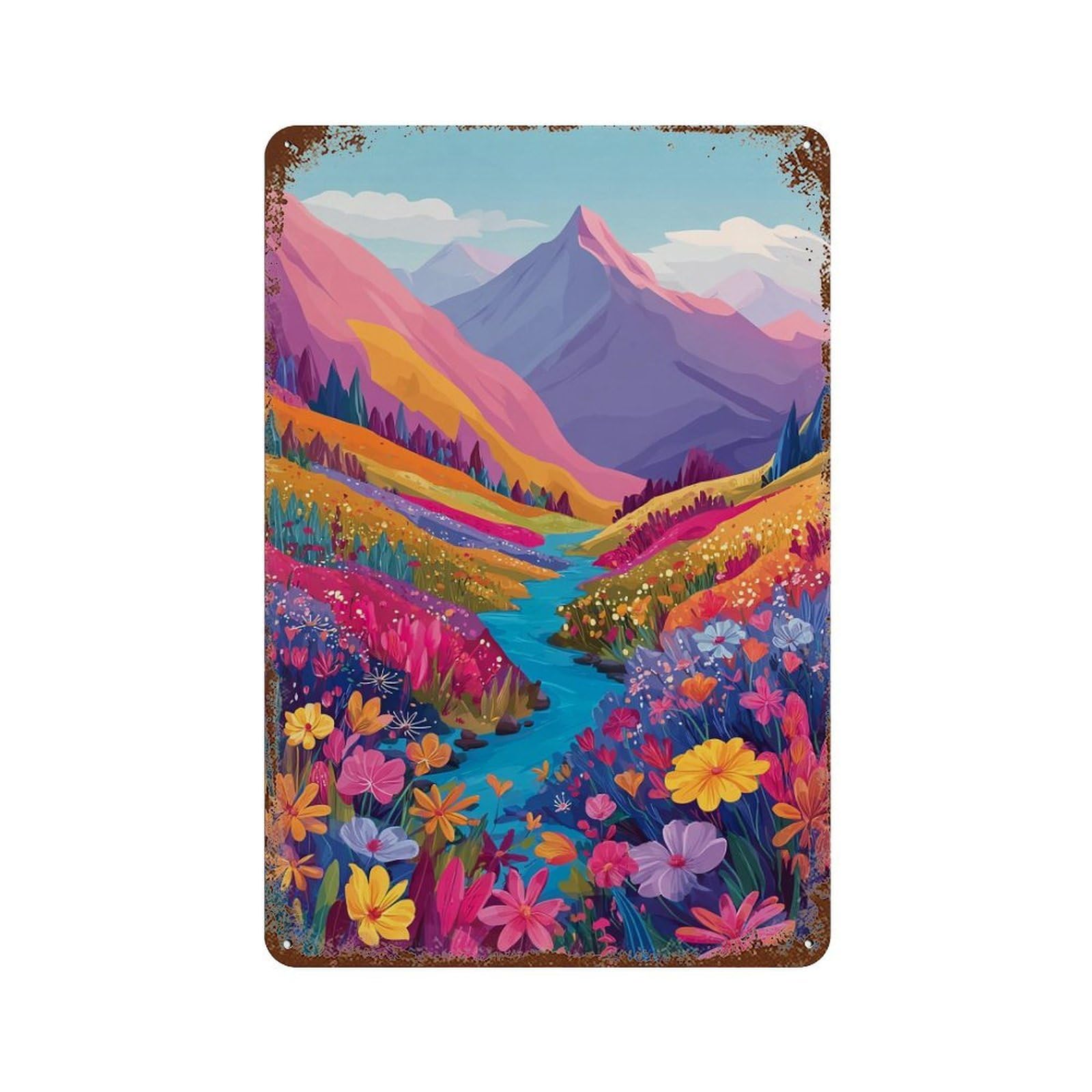 Rust Effect Colorful Mountain Valley Scene Aged Metal Wall Plaque 11.8"x7.9", Shabby Chic Decor for Living Room, Hallway And Home Decor