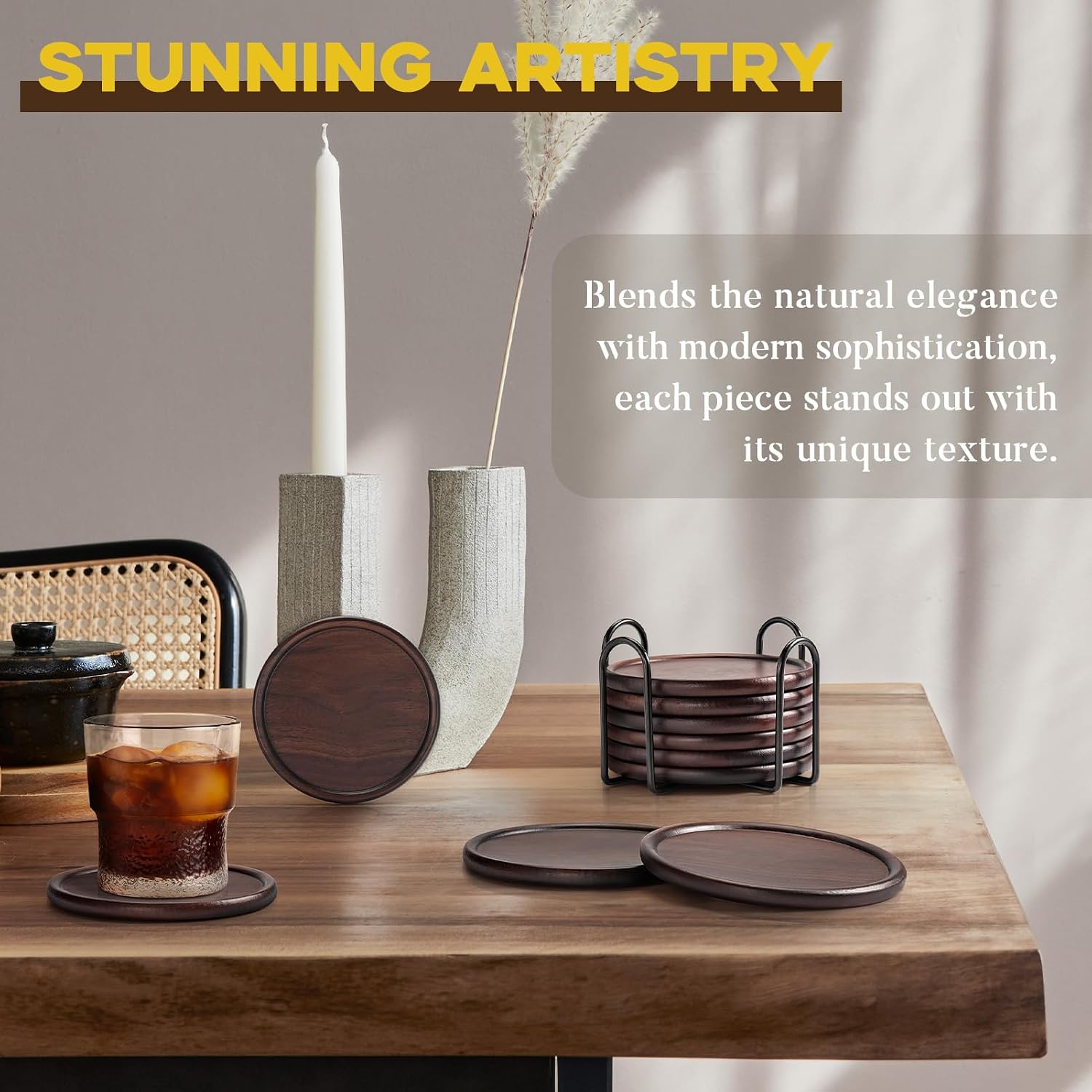 Wood Coasters Set of 6 with Metal Holder, 100% Wooden Coasters for Drinks image 3