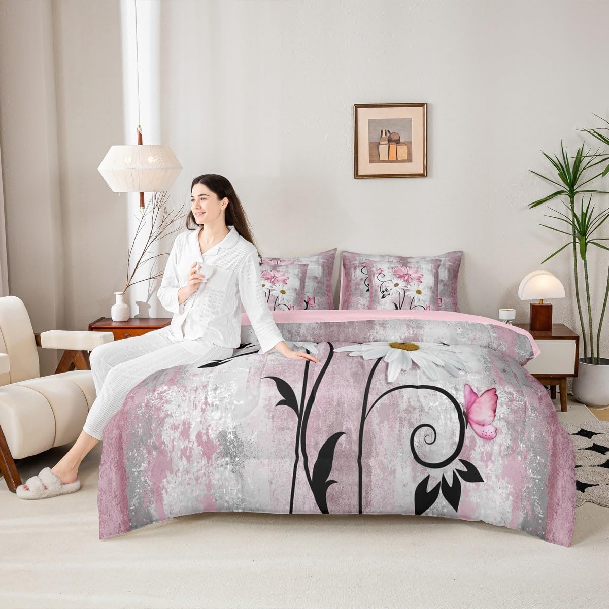 Grey Pink Bed In A Bag Queen Comforter Set 7 Piece,Rustic Farmhouse Bedding Sets for Kids Boys Girls Women Country Daisy Flowers Floral Comforter and Sheets Vintage Wooden Butterflies Ombre Bed Set
