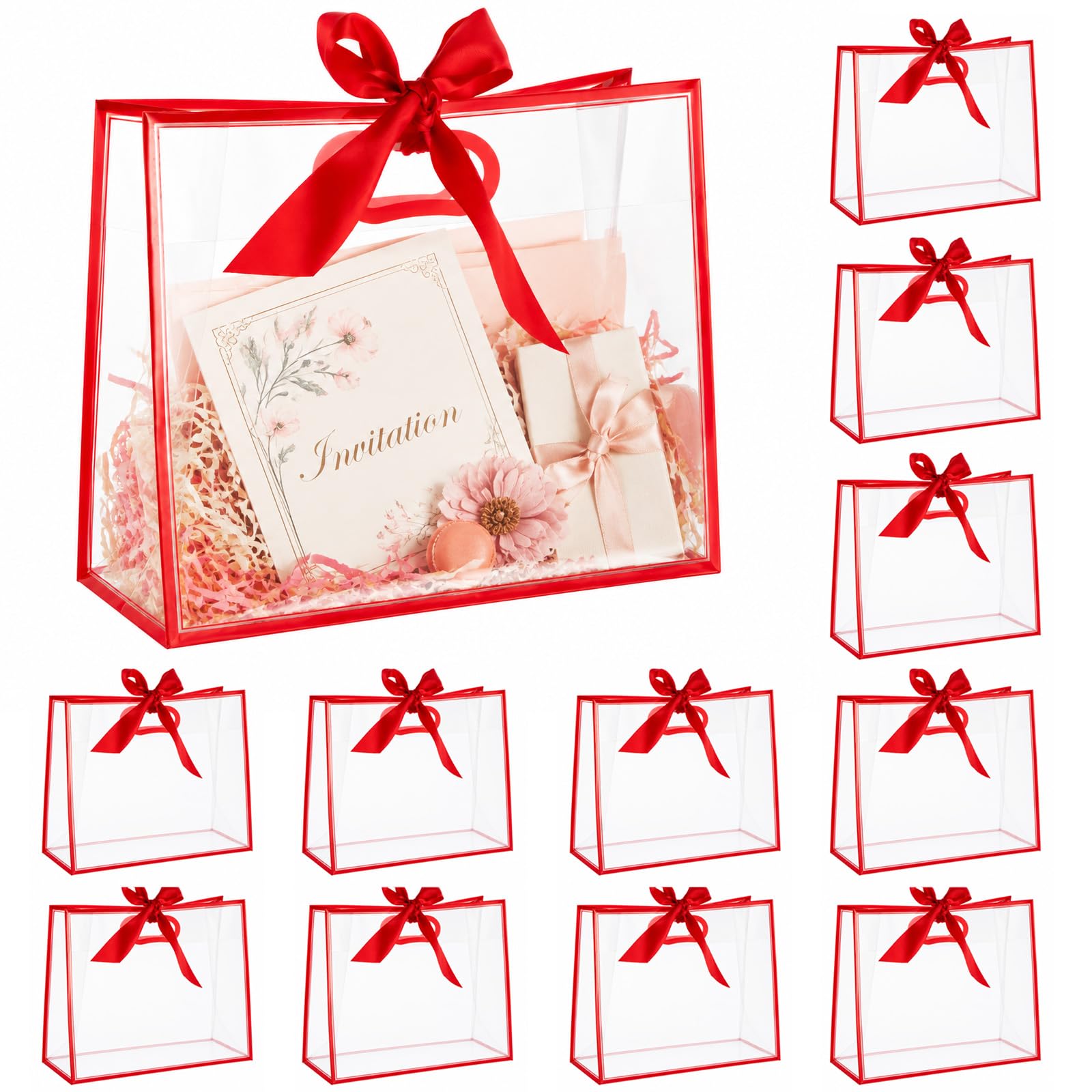 FERNVALE 12 Pack Large Gift Bags with Ribbon, 31x25x13cm Paper Present Bags with Sturdy Handles for Birthday Wedding Baby Shower Party Favor Corporate Gifts (Red)
