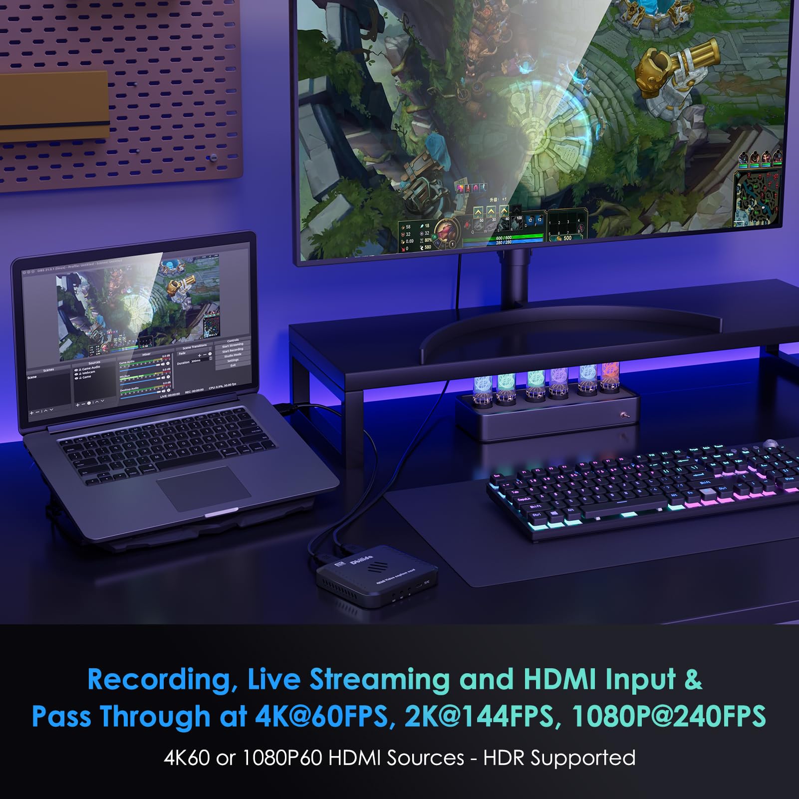 Scheda di acquisizione video HDMI, registrazione streaming e ingresso HDMI Pass Through in 4K 60FPS, 2K 144FPS, 1080P 240FPS Supporto HDR VRR, RGB24 per iPad, PS5, PS4, Xbox Series X/S