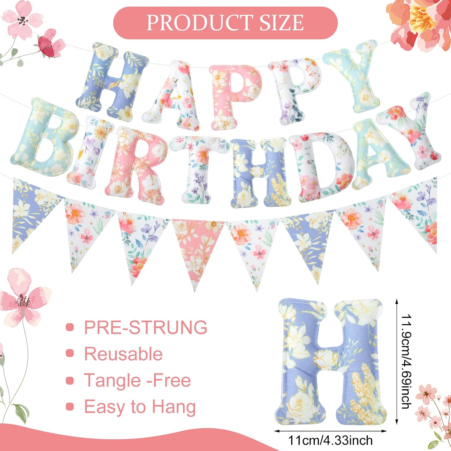 2 Pcs 8 ft Felt English Garden Birthday Banner Pre-Strung Floral Happy Birthday Decoration Triangle Bunting Banner Reusable Felt Garden Garland Decor for Party Photo Prop Home Backdrop