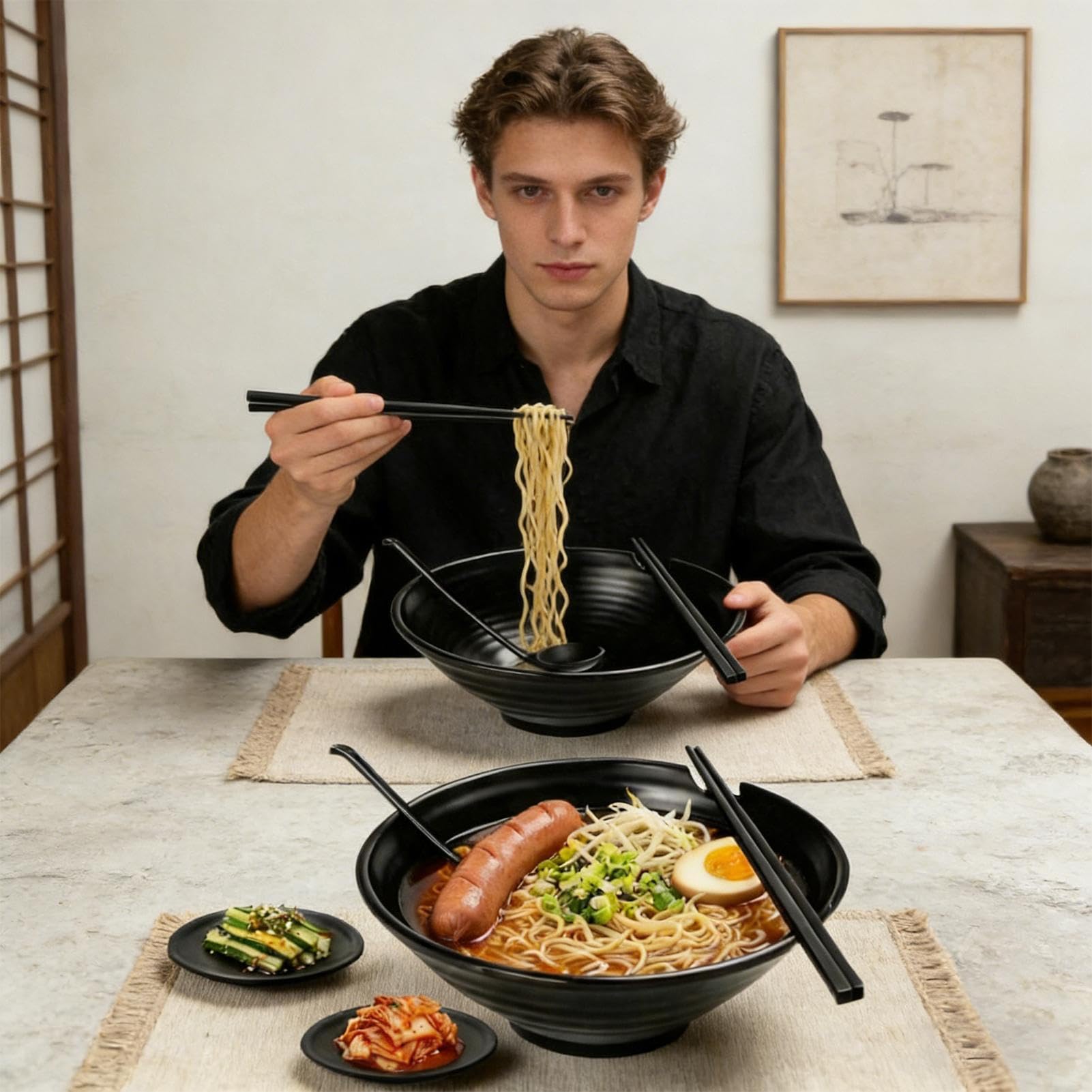 Grands Bols à Soupe Vaisselle Grand Format Noir Mat | Bol Japonais pour Nouilles avec Soucoupes pour Préparation de Wonton Pho Pâtes Maison Restaurant Cuisine Salle à Manger