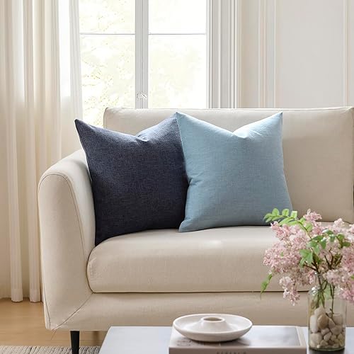 Miniatura 2 de Meekio Juego de 2 fundas de almohada de color azul cielo de 18 x 18 pulgadas, fundas de almohada decorativas de lino con estilo bohemio y campestre