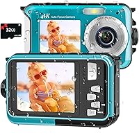 Vista 9 de Cámara digital 4K Cámara submarina de 16 pies con tarjeta de 32 GB, enfoque automático de 64 MP, cámara impermeable para selfie de doble pantalla