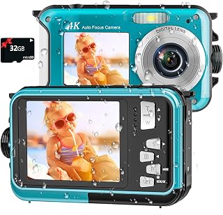 YISENCE 4K 64MP Underwater Camera: 16FT Waterproof Dual-Screen Selfie Floatable Cam w/32GB Card, Autofocus for Snorkeling (Blue)