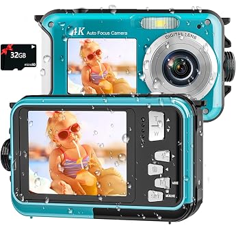 Underwater Camera Yixinxin Digital Camera Waterproof UHD 4K 64MP Auto Focus with a 32GB Card Selfie Double Screens Waterproof Camera for Snorkelling