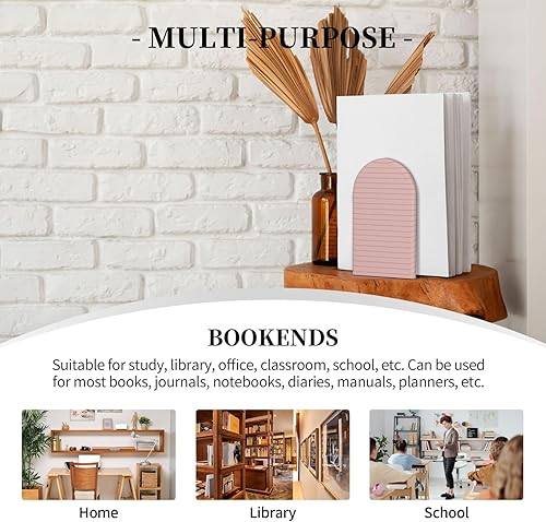 Miniatura 7 de Book Ends for Shelves 1 Pair - Retro Gold Pink Pinstripe Print A Wood with Metal Base Bookends for Heavy Books, Book Stand Organizer Holder for