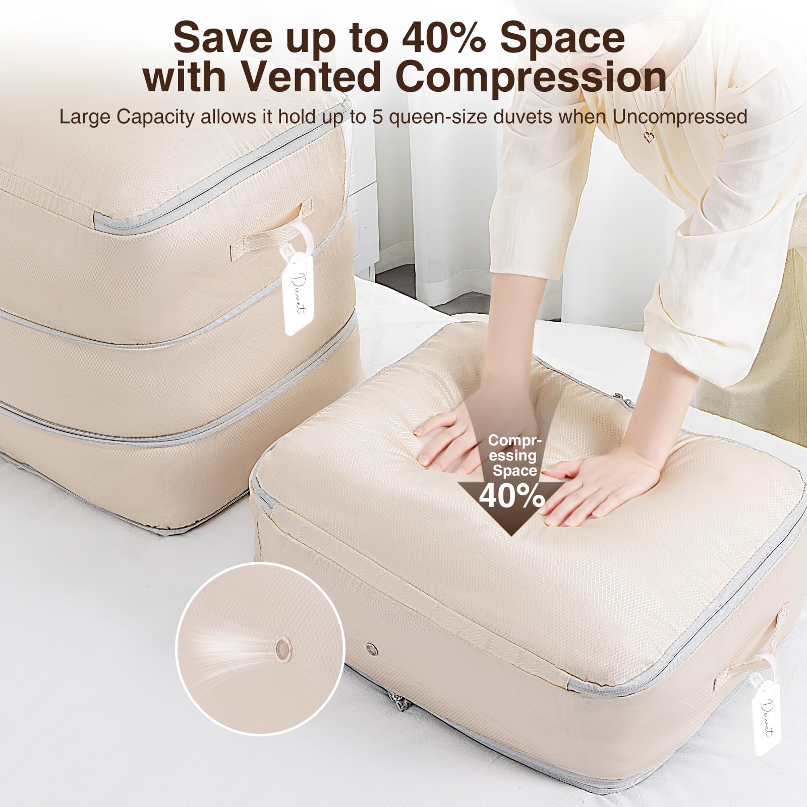 Homsorout Lot de 6 sacs de rangement à compression – Sac de rangement de grande capacité de 110 L, 3 couches, lavables, ultra économiseur d'espace, sacs pour couvertures, pulls, draps, beige