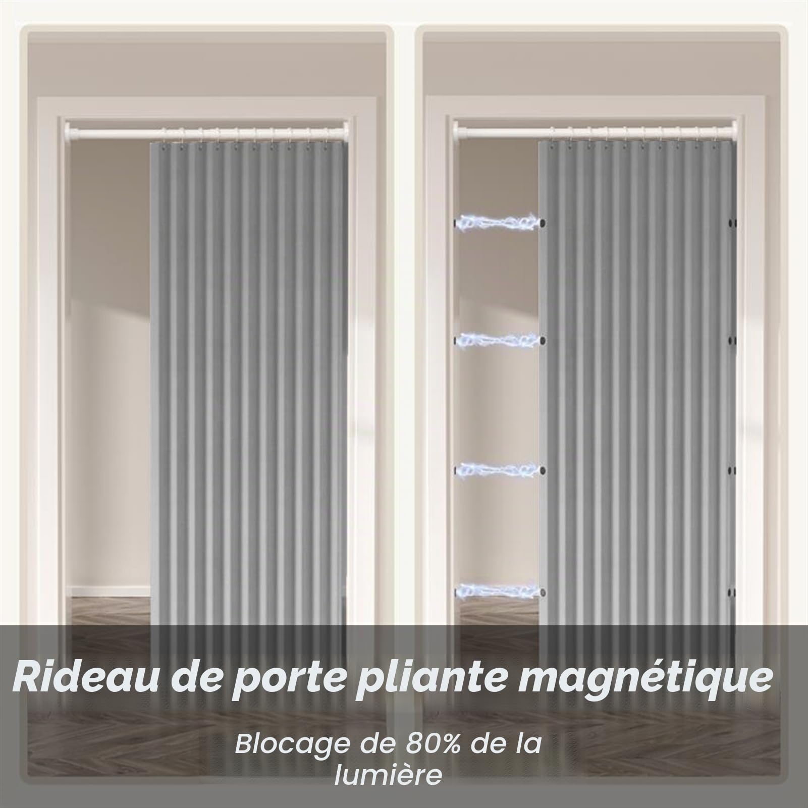 Rideaux Occultants Porte Interieur Lot de 1, Gris, 80x200cm | Rideau Separation Entrée Pliant Thermique Anti Froid pour Salon et Cuisine, 220g/m²