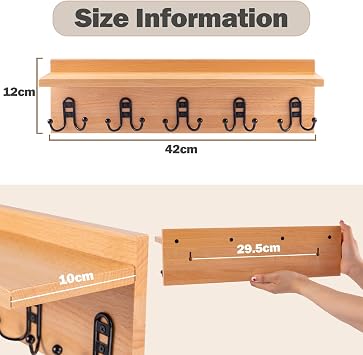 Edergoo Wooden Coat Rack with 5 Double Hooks & Shelf, Wall Mounted with All Fixings Included