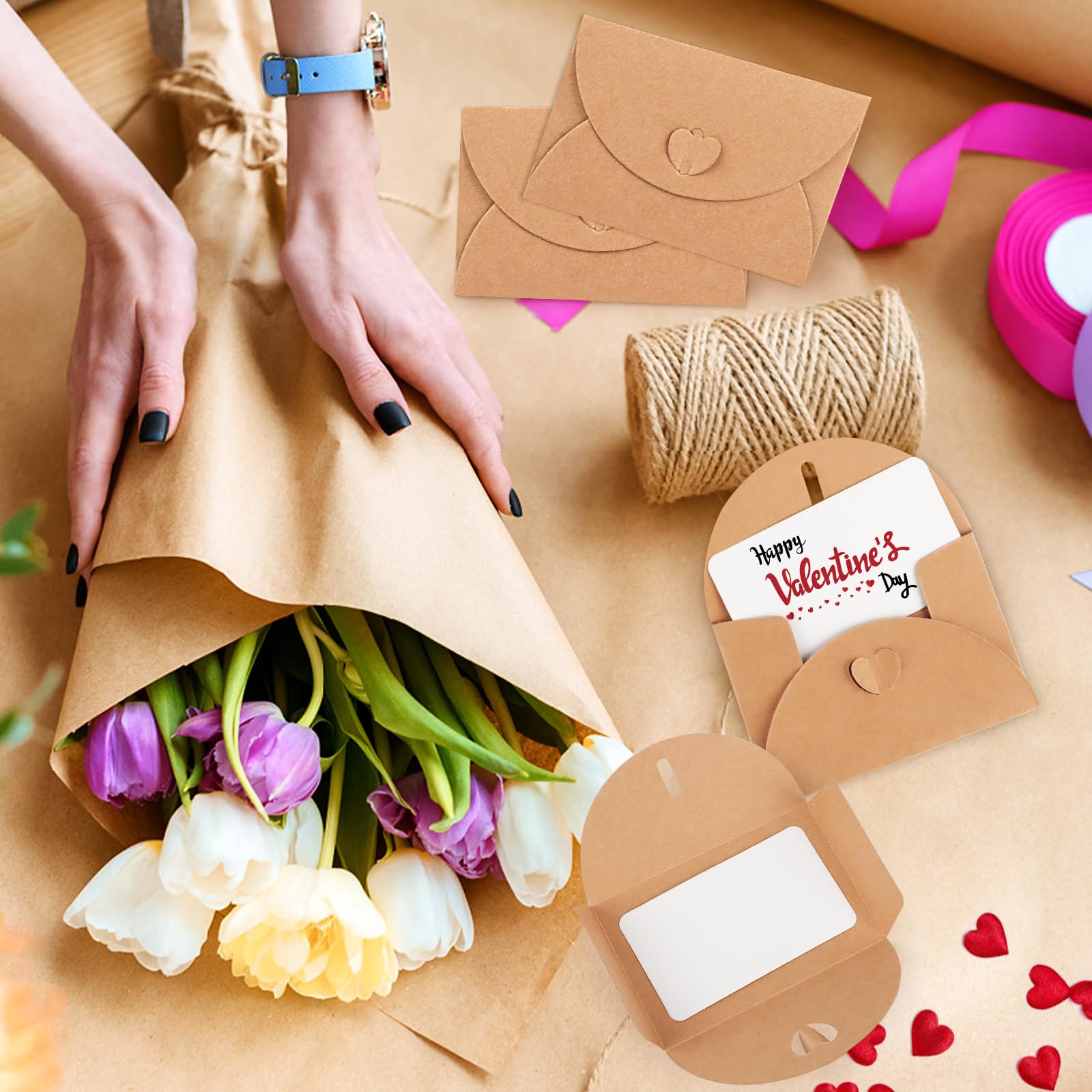 Buste di Carta Kraft 10x7 cm con Chiusura a Cuore, 100 Pezzi per Carte Regalo Fai da Te
