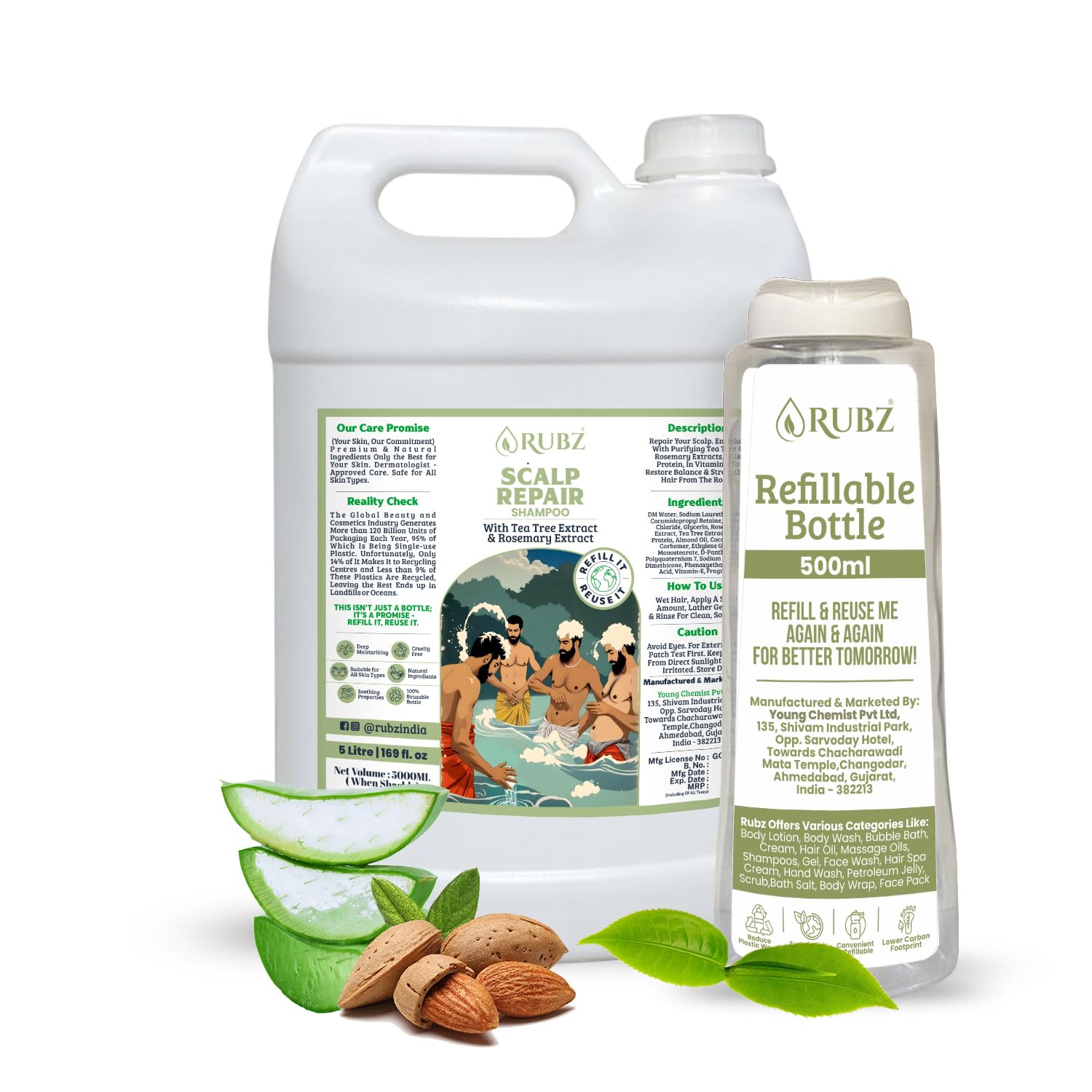 Rubz Scalp Repair Shampoo | With Rosemary Extract & Tea Tree Extract | Haircare Solution For Deep Repair Of Brittle Hair | SLS & Paraben Free | For Men & Women | 5 Litre With 500ml Refillable Bottle-picture-37