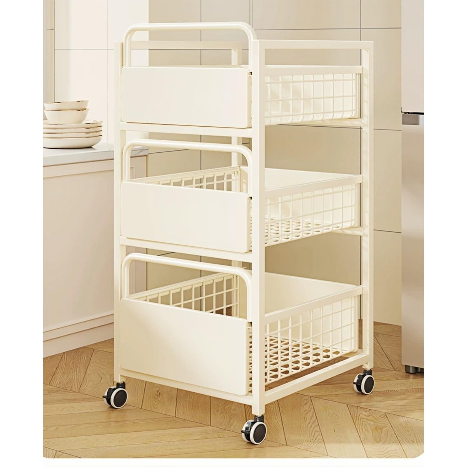 Magazzinaggio Carrello for verdure con rotelle a 3 livelli, organizer mobile for ripiani for frutta e verdura da cucina(Nero,Piccolo)
