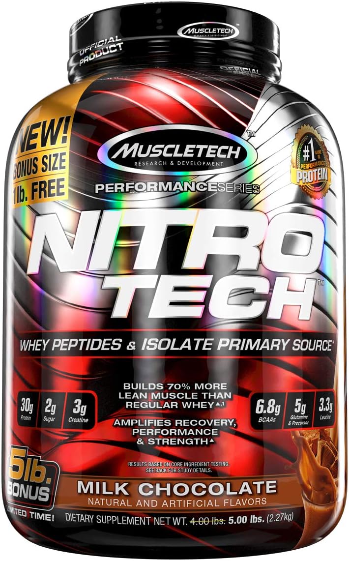 Muscletech Performance Series Nitrotech Whey Protein Peptides & Isolate (30g Protein, 2g Sugar, 3g Creatine, 6.8 BCAAs, 5g Glutamine & Precursor, Post-Workout) - 5lbs (2.27kg) (Milk Chocolate)