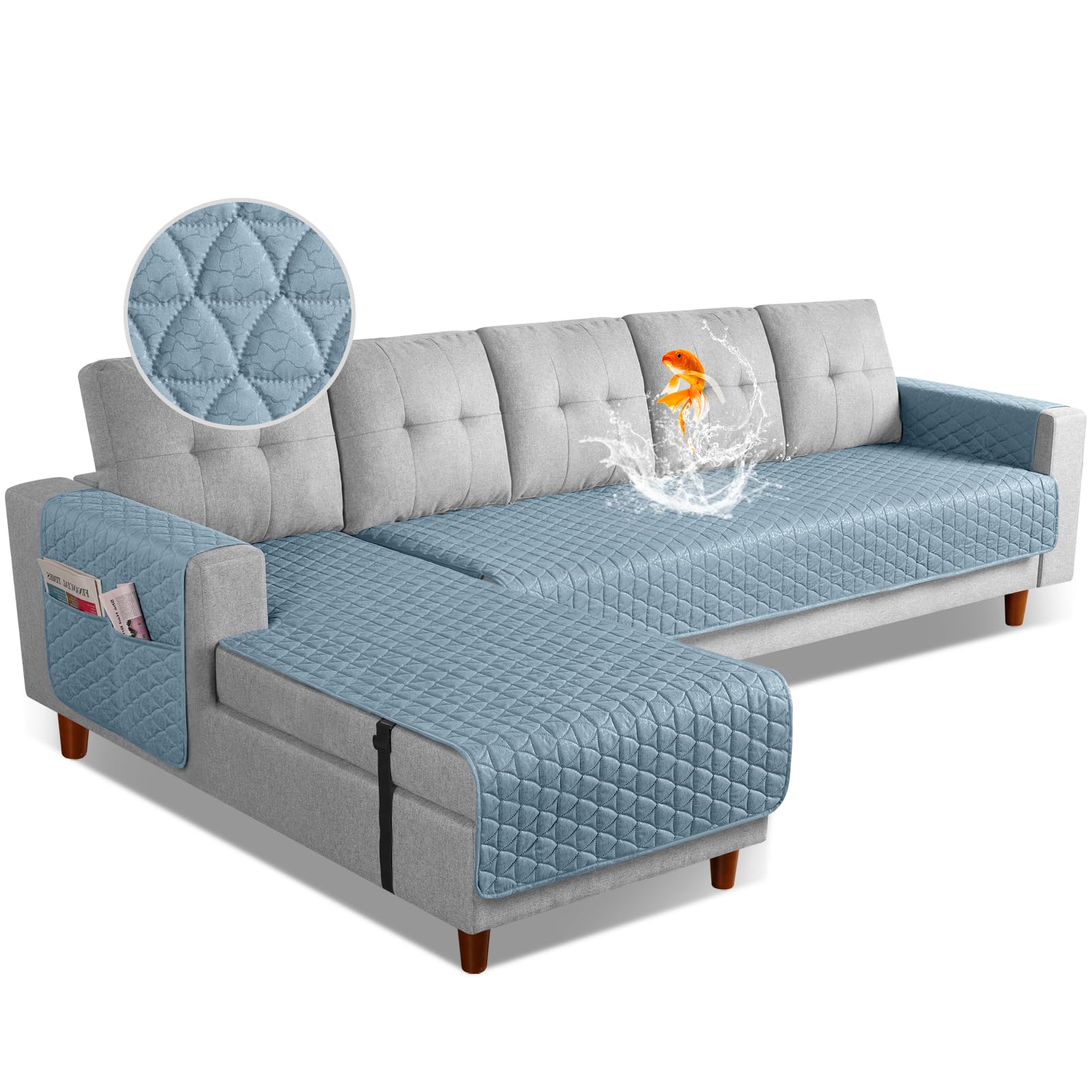 TAOCOCO Sectional Couch Covers 100% Waterproof L Shaped Sofa Covers for Left Hand Facing Chaise Lounge, 2 Pieces Couch Cover L Shape Furniture Protector Slipcover for Pets Kids, X-Large/Light Blue-image-17