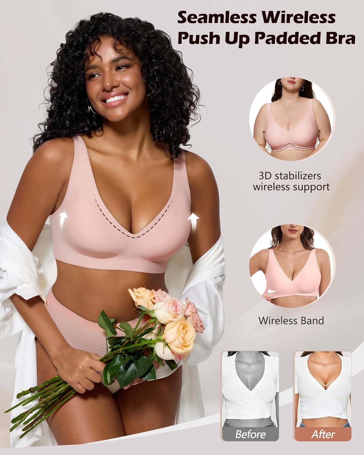 As Fairy Bras for Women Deep V Seamless Wireless Support Lift No Underwire Plunge Bralettes Full Coverage Push Up Bra - Image 3
