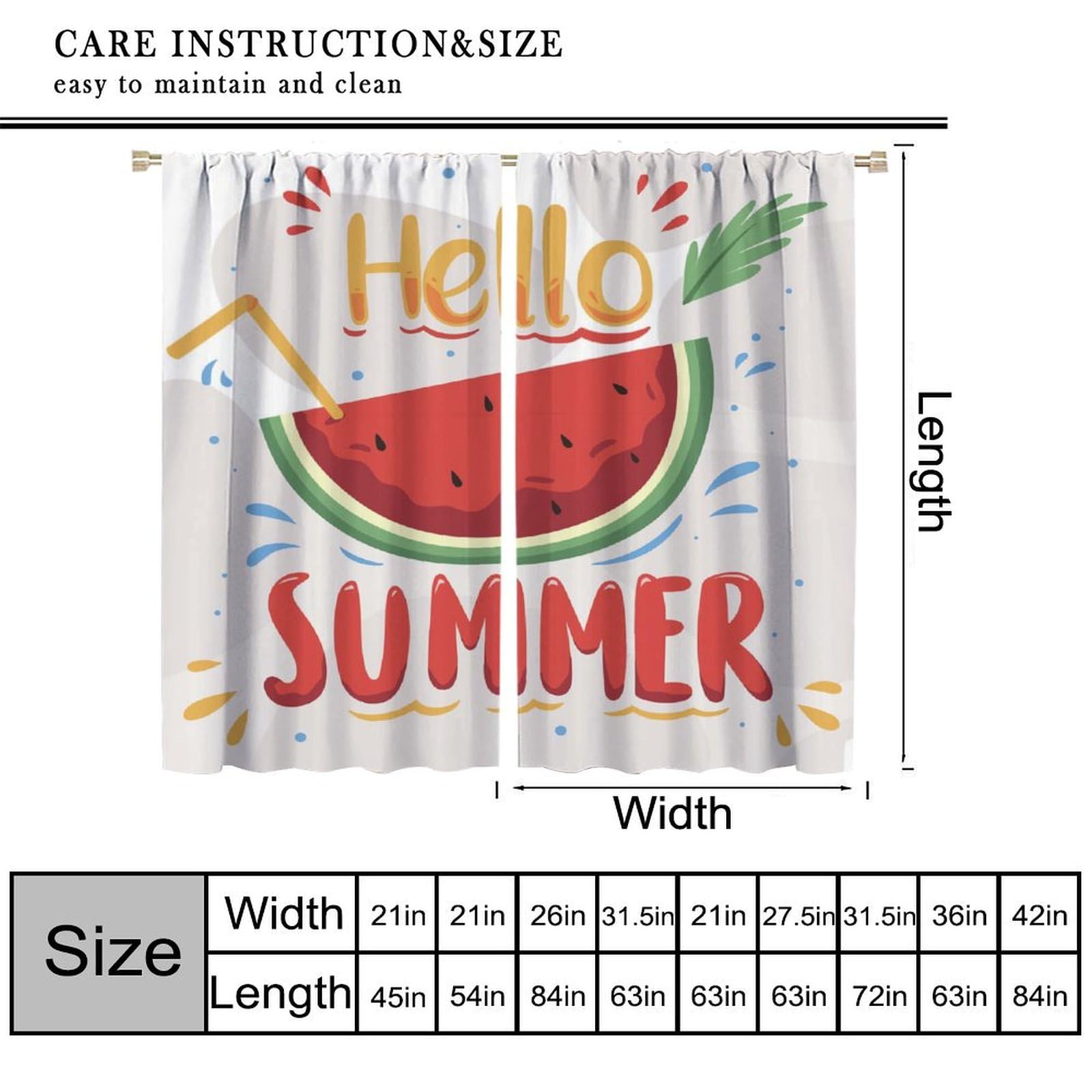 KANEPE Watermelon Fruit Curtains, Hello Summer Green Fruit Watermelon Window Treatments, Rod Pocket Thermal Insulated Drapes 2 Panel Sets for Bedroom Living Room Kitchen, 63