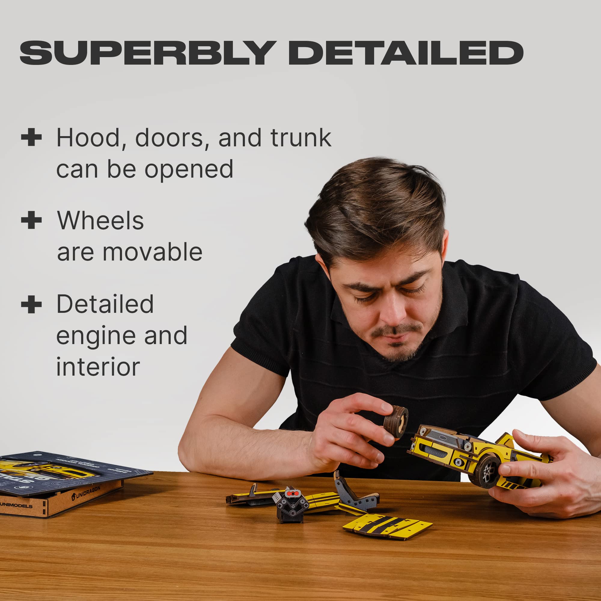 UNIDRAGON Original Wooden Jigsaw Puzzles for Adults Unimodels Stallion GT Yellow 248 Pieces, Assembled Car Model, Gift Box, Shaped Pieces