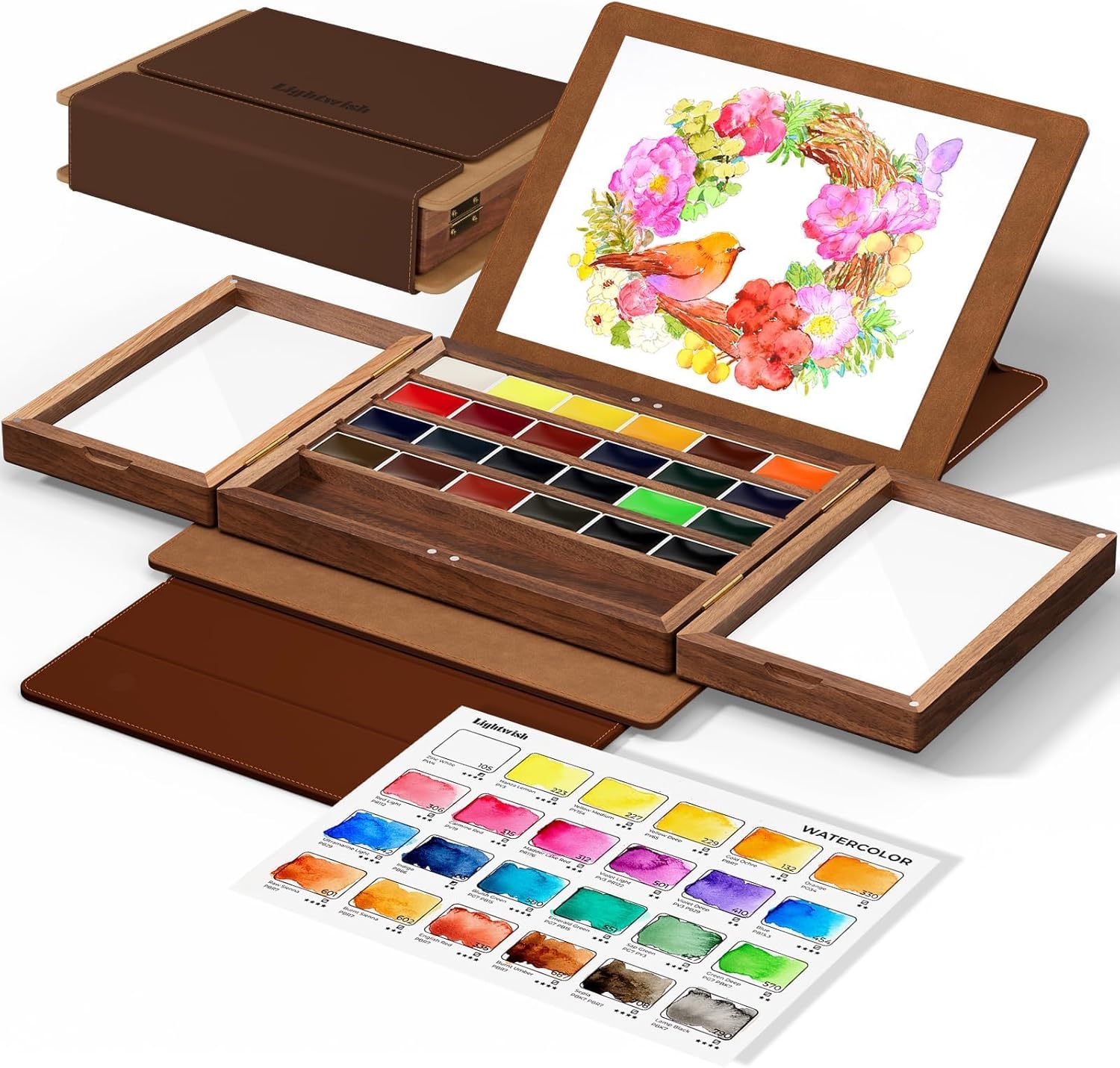 Watercolor Paint Set 24 Vibrant Colors with Walnut Wood Palette,Adjustable Angles Artificial Leather Sheath Portable Travel Watercolor Palette Set for Artist