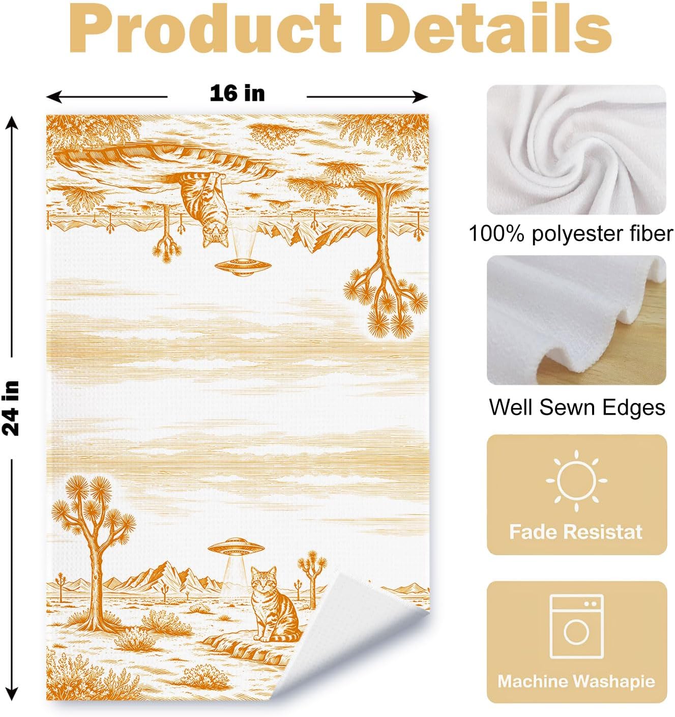 Western Desert Cat Kitchen Towels, Retro 90s Sci-fi Spaceship Dish Tea Towel for Kitchen, Southwestern Landscape Cat Hand Towels for Bathroom Decor, 16x24 Inches