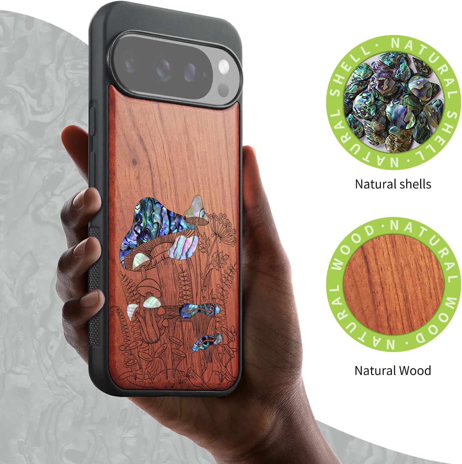 Carveit Magnetic Wooden Case for Pixel 10 / Pixel 10 Pro Case, Wood Artisan Engraved & Handmade Shell Inlaid, Compatible with MagSafe Wireless Chargers, Vintage Mushrooms - Rosy