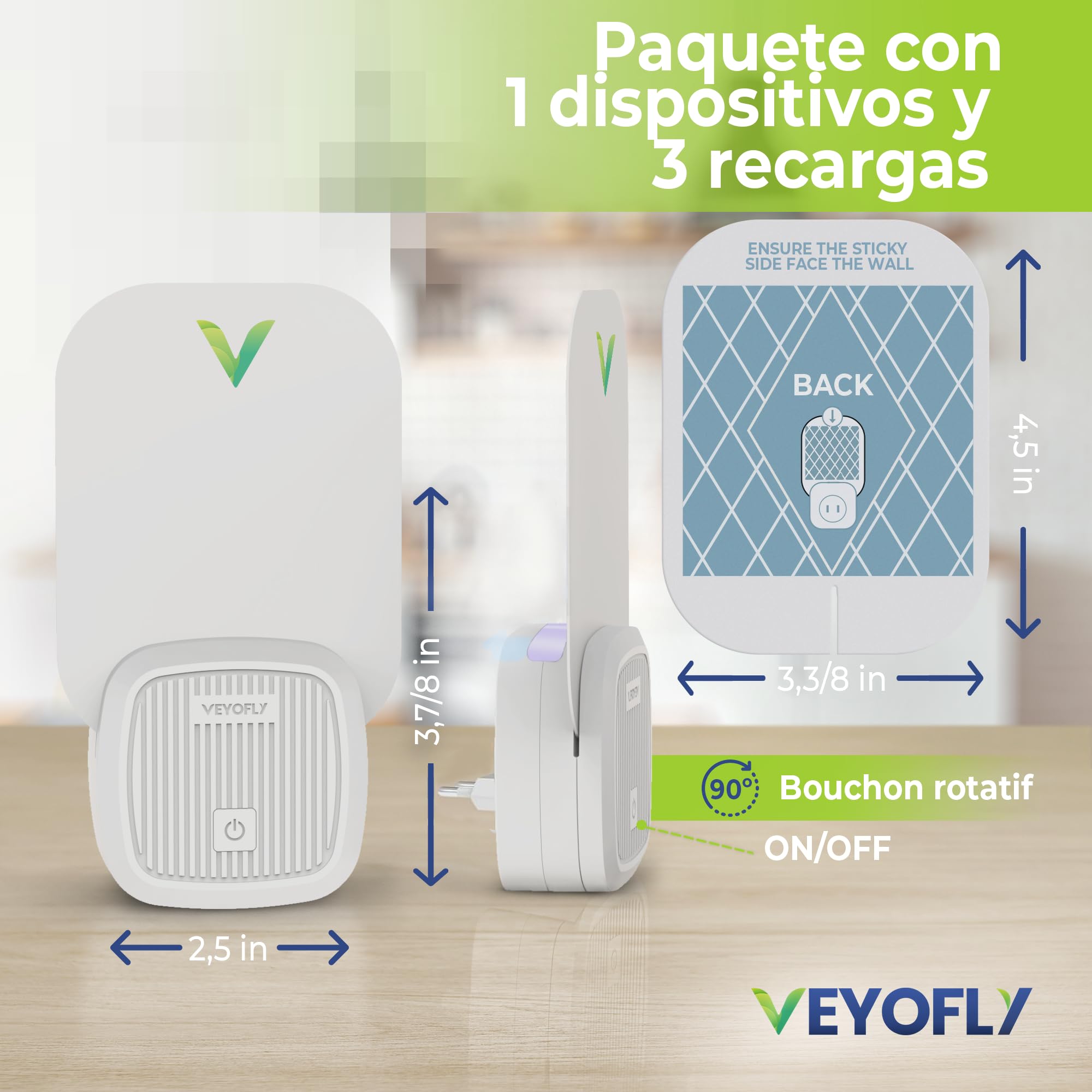 VEYOFLY Trampas para Moscas de la Fruta para Interiores, (1 Dispositivos + 3 Repuestos), Trampa Enchufable para Mosquitos e Insectos Voladores, Luz Atrayente para el Hogar, Capturador de Mosquitos