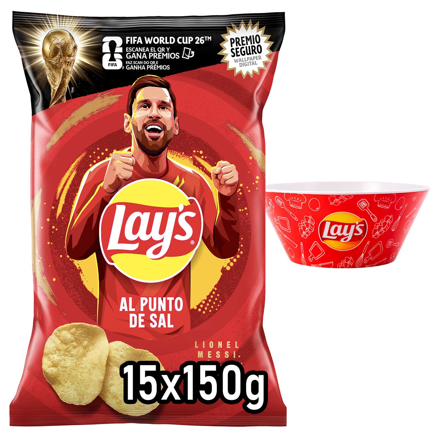 LAY’S Patatas Fritas Al Punto de Sal para Aperitivo y Consumo Diario, Bolsas Individuales de 150 g, Pack de 15, Incluye Bowl de Regalo