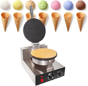 Commercial Electric Ice Cream Cone Maker Machine, 1200W Waffle Cone Maker Stainless Steel with Time & Temperature Dual Control, Nonstick Egg Roll Mold,Single-220V