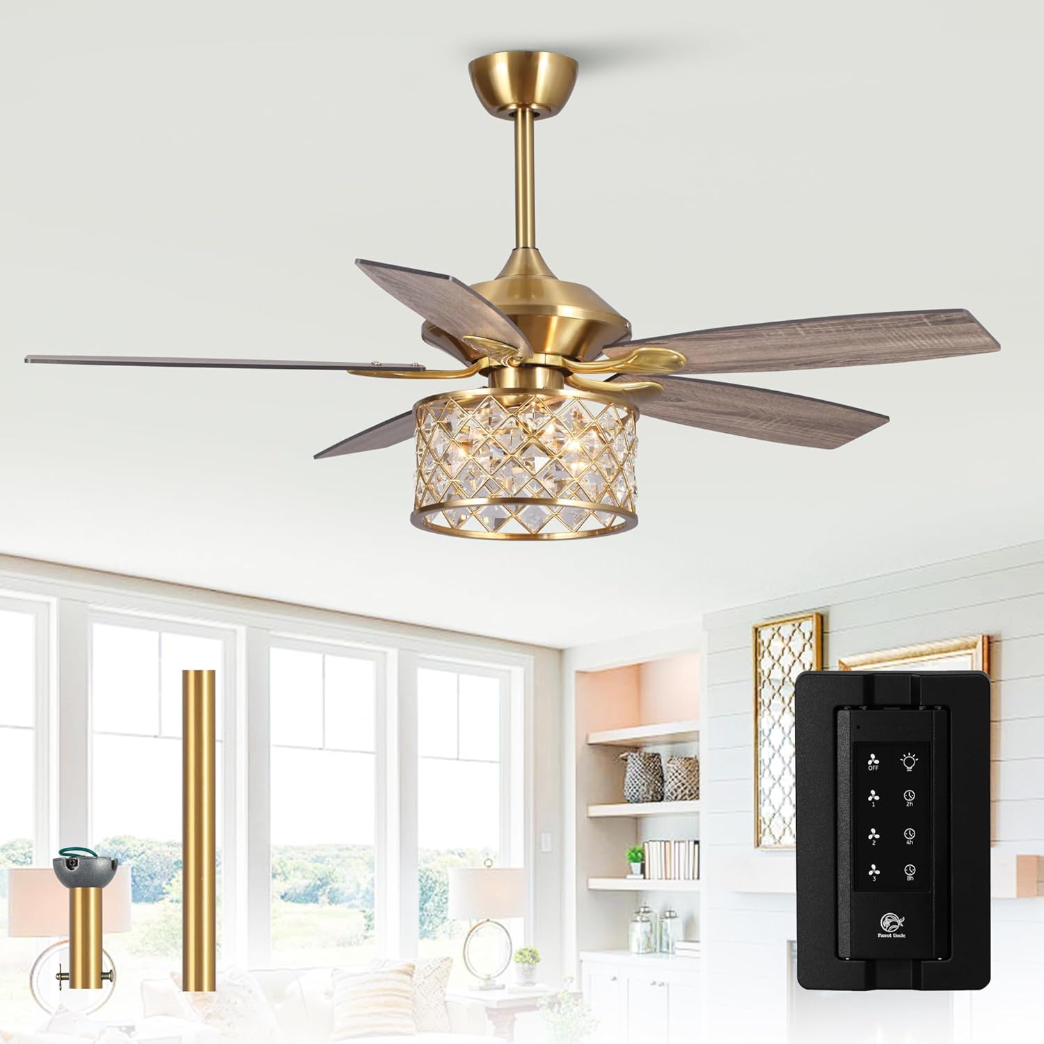 Gold Ceiling Fans with Lights and Remote, 52 Inch Crystal Chandelier Fan for Bedroom Living Room, Antique Gold Ceiling Fan with 5 Reversible Wood Grain Blades, 3-Speed Quiet AC Motor, Timer Setting