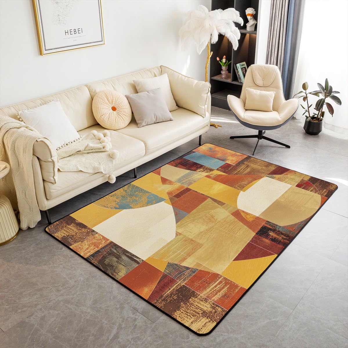 Feelyou Orange Red and Yellow Area Rug 3x5 Kids Geometric Abstract Decorative Rug for Boys Girls Teens Modern Luxury Living Room Rugs Artwork Indoor