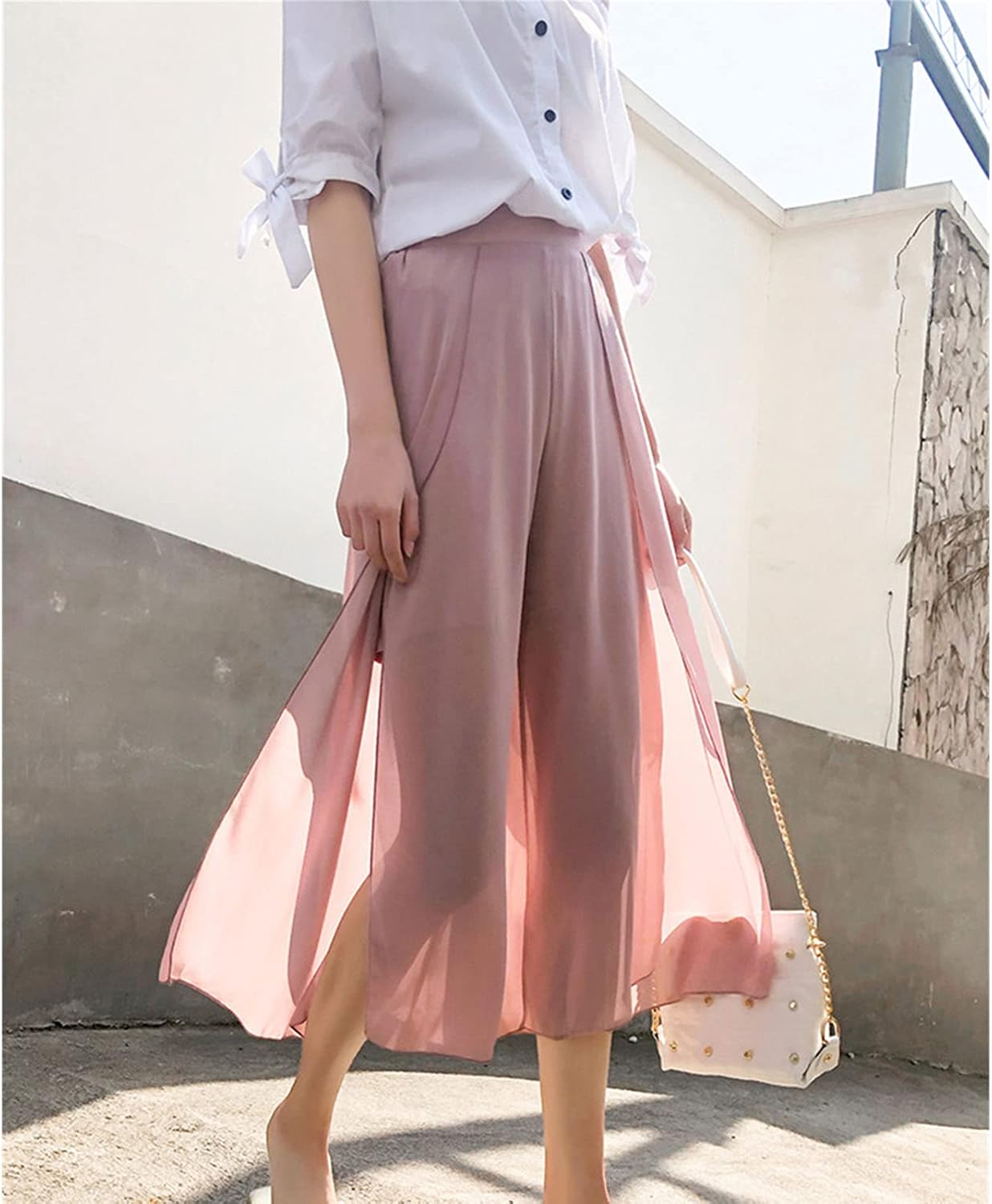 DGHM-JLMY Women Chiffon Loose Slit Culottes Elegant Slit Belted Flowy Wide Leg Pants Pleated Flared Elastic Waist Trousers