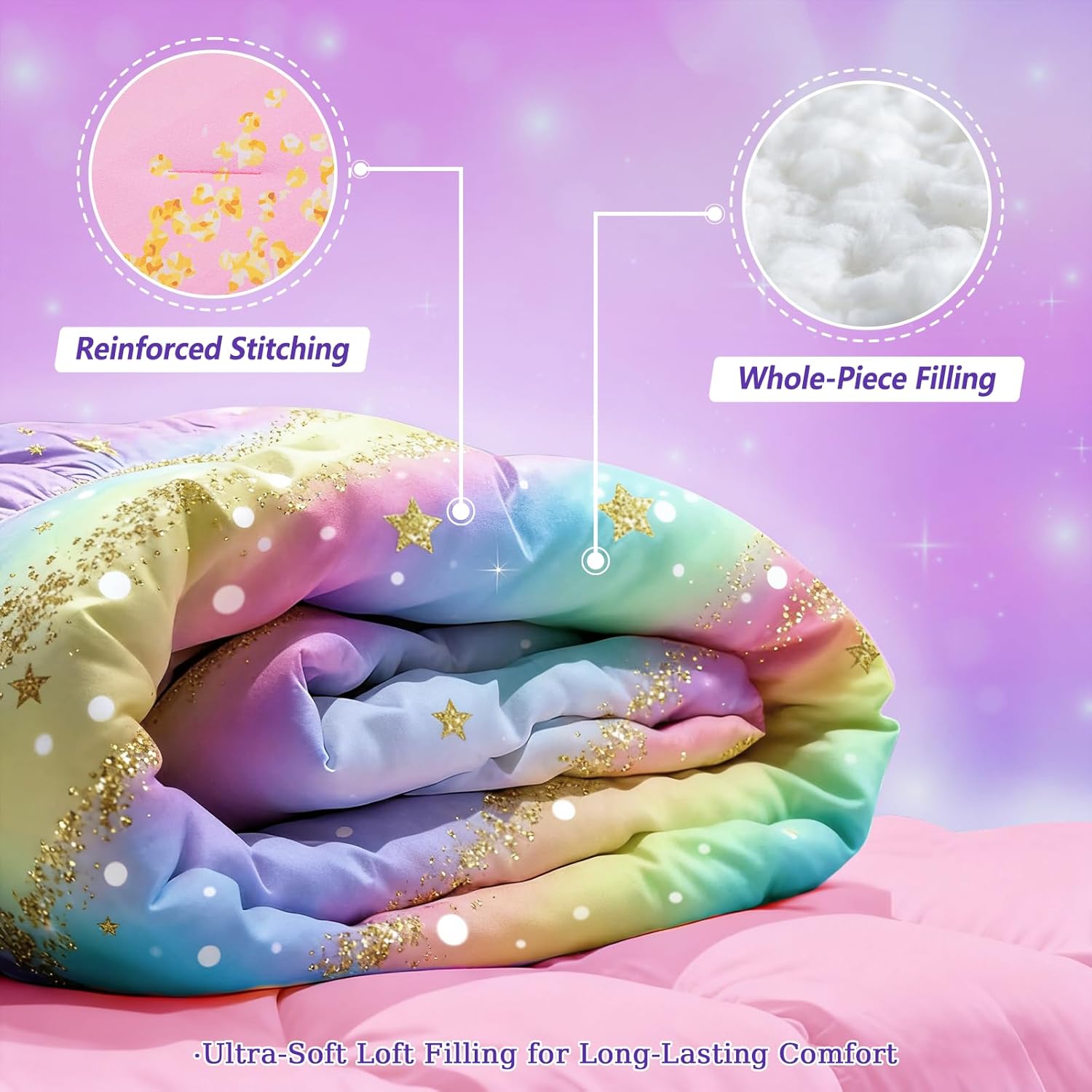 Rainbow Bedding Set Full Size – 6-Piece Reversible Girls Comforter with Deep-Pocket Sheet, Gradient Galaxy Design, Whole-Piece Filling, Machine Washable Bed-in-a-Bag for Kids Room Makeover & Gifts - Image 4
