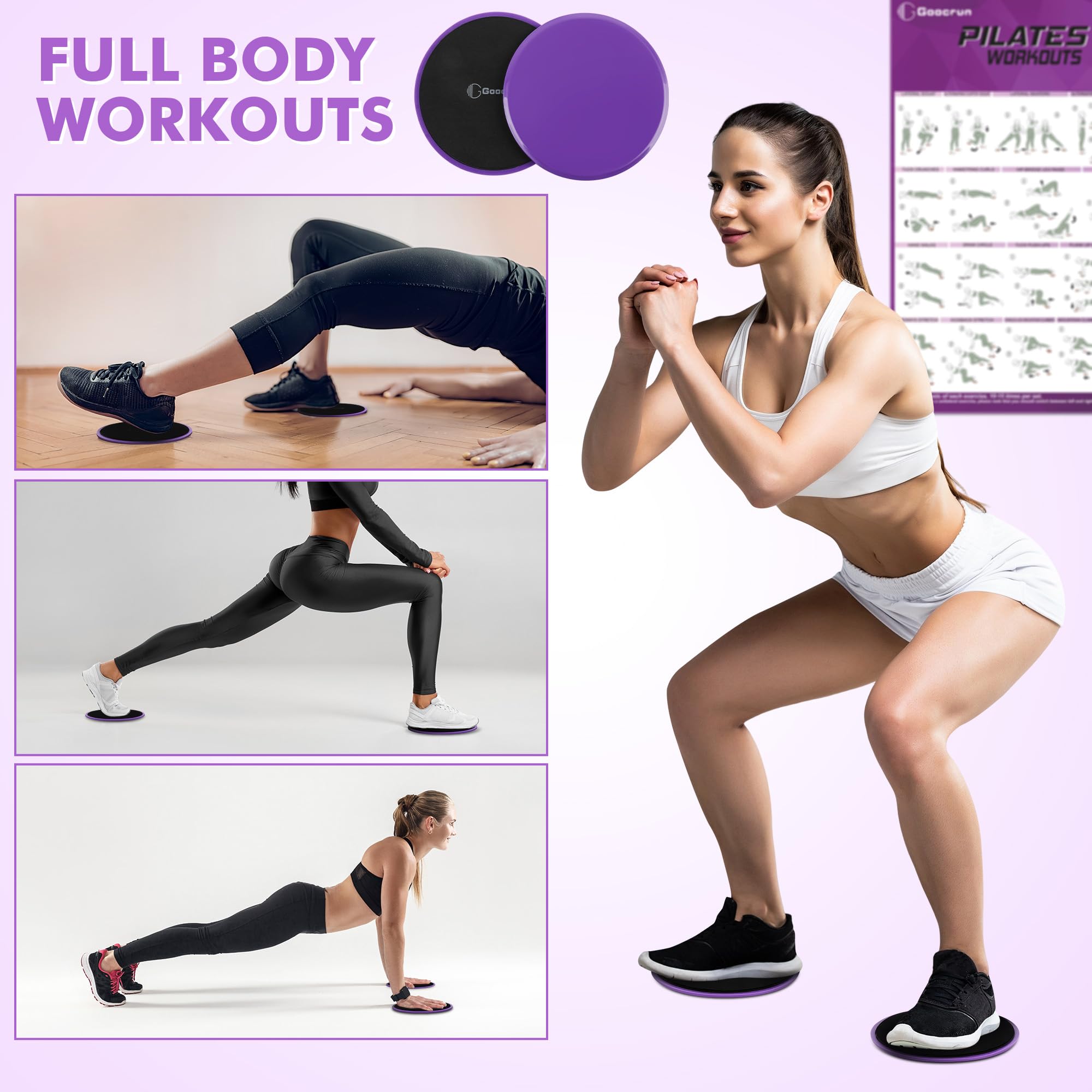 Goocrun Ensemble d'anneaux de pilates avec bandes de résistance, balle de Pilates, disques coulissants – Équipement d'entraînement à domicile avec guide de fitness complet (français non garanti)